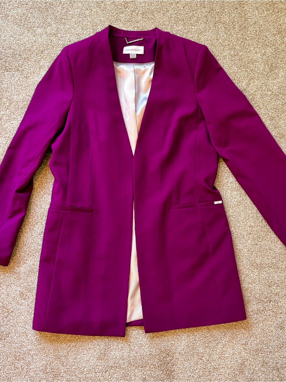 Calvin Klein Women's Open Front collarless Longline Blazer Jacket Magenta Purple - Picture 6 of 12